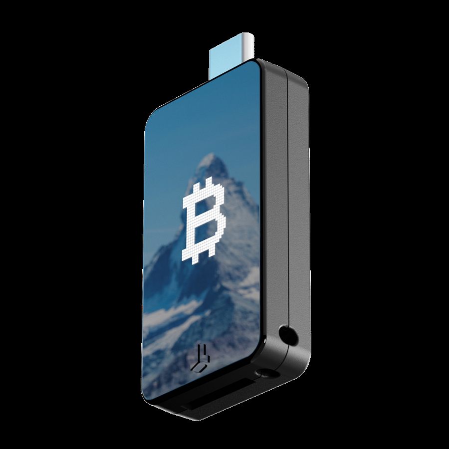BitBox-Hardware-Wallet, Frontansicht mit Bitcoin-Symbol auf dem Display
